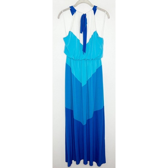 Vince Camuto Blue Chevron Maxi Dress Stretch Halter Sleeveless Sz 4 Color Block - Picture 9 of 9
